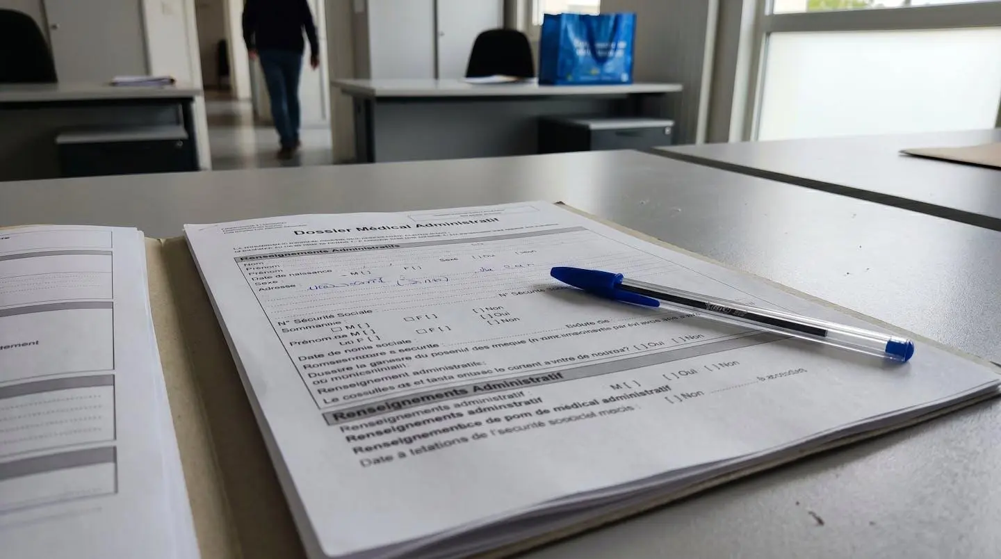 Dossier administratif ouvert sur un bureau blanc avec formulaires imprimés et stylo bleu