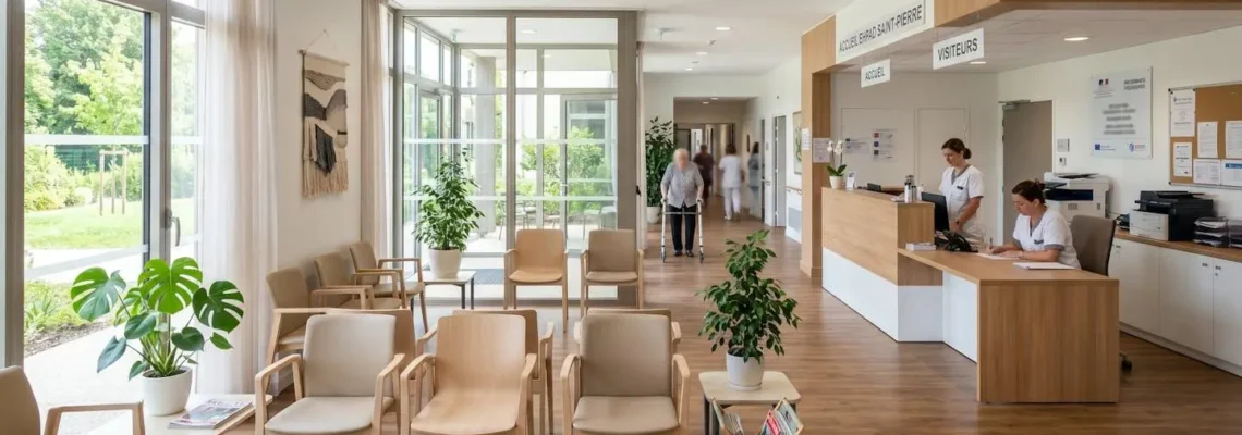 Hall d'accueil lumineux d'un EHPAD contemporain avec chaises d'attente vides et bureau administratif au fond