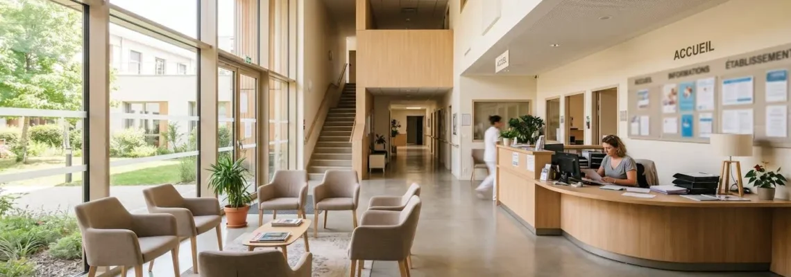 Hall d'accueil lumineux d'un EHPAD contemporain avec chaises d'attente vides et bureau administratif au fond