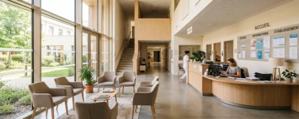 Hall d'accueil lumineux d'un EHPAD contemporain avec chaises d'attente vides et bureau administratif au fond