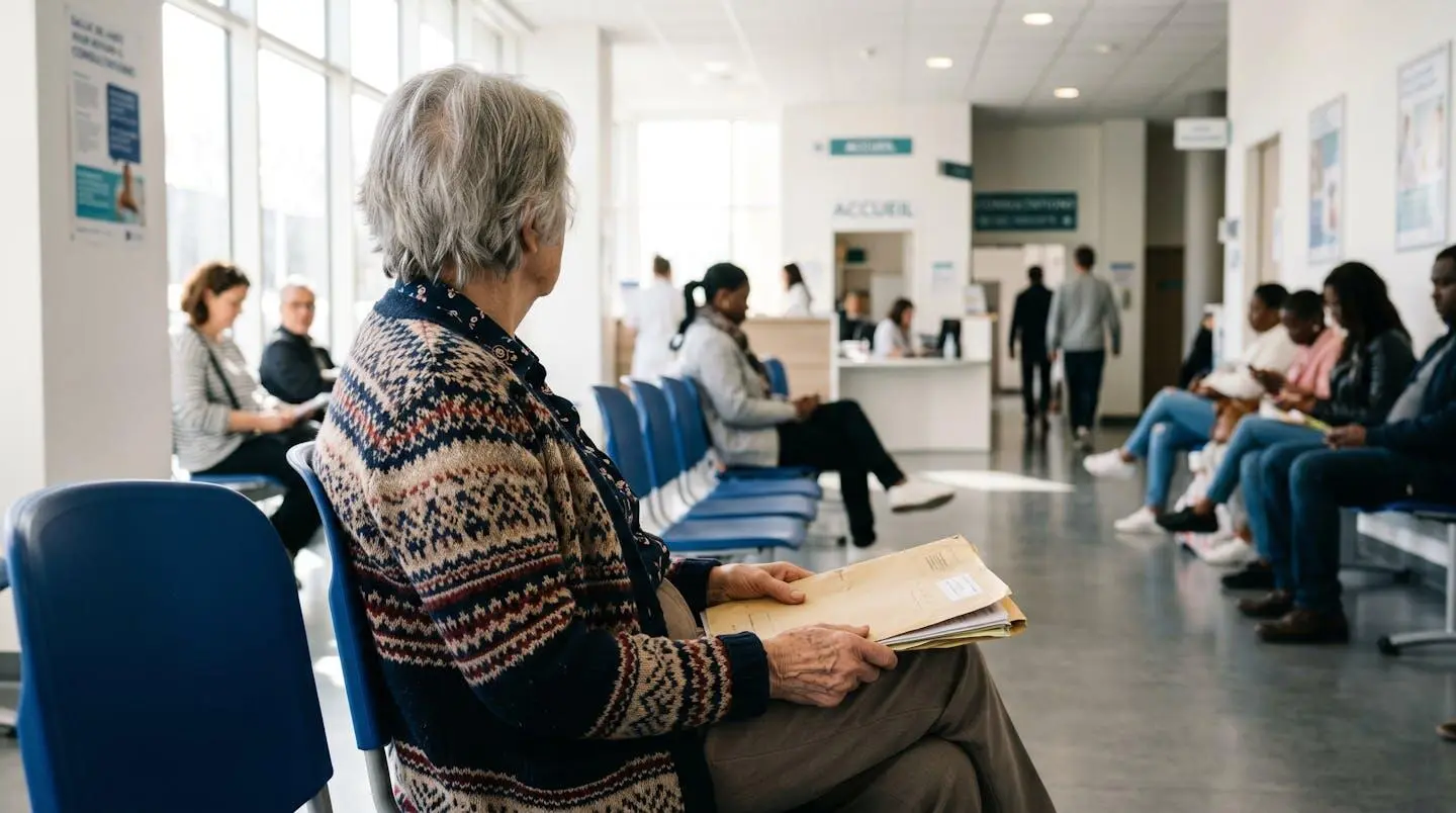 Personne âgée de dos assise dans une salle d'attente lumineuse tenant un dossier administratif sur ses genoux