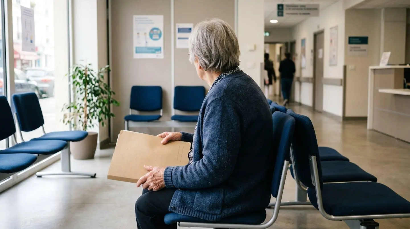 Personne âgée de dos assise dans une salle d'attente lumineuse tenant un dossier administratif sur ses genoux
